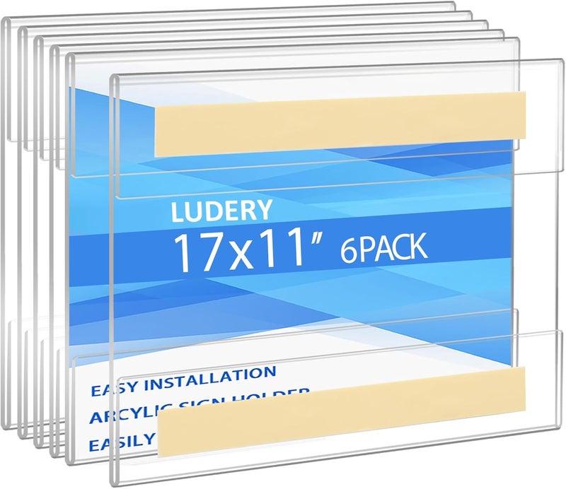 Ludery 11x17 Acrylic Sign Holder Wall Mount, Clear Acrylic Frame with Adhesive Tape, Wall Sign Document Menu Holder for Office, Home, Store, Restaurant,No Drilling-Horizontal (6 Pack) - Image 1